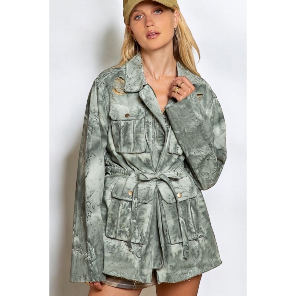 POL Marbled Sage Tie Waist Denim Cargo Jacket